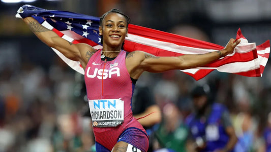 Sha'Carri Richardson celebrating her win during Day Three of the 2023 World Athletics Championships on Aug. 21 in Budapest, Hungary. GETTY IMAGES